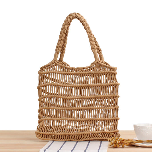 One-Shoulder Portable Cotton Rope Net Pocket Hand-Woven Bag Trendy Women Mori Straw Bag Beach Bag